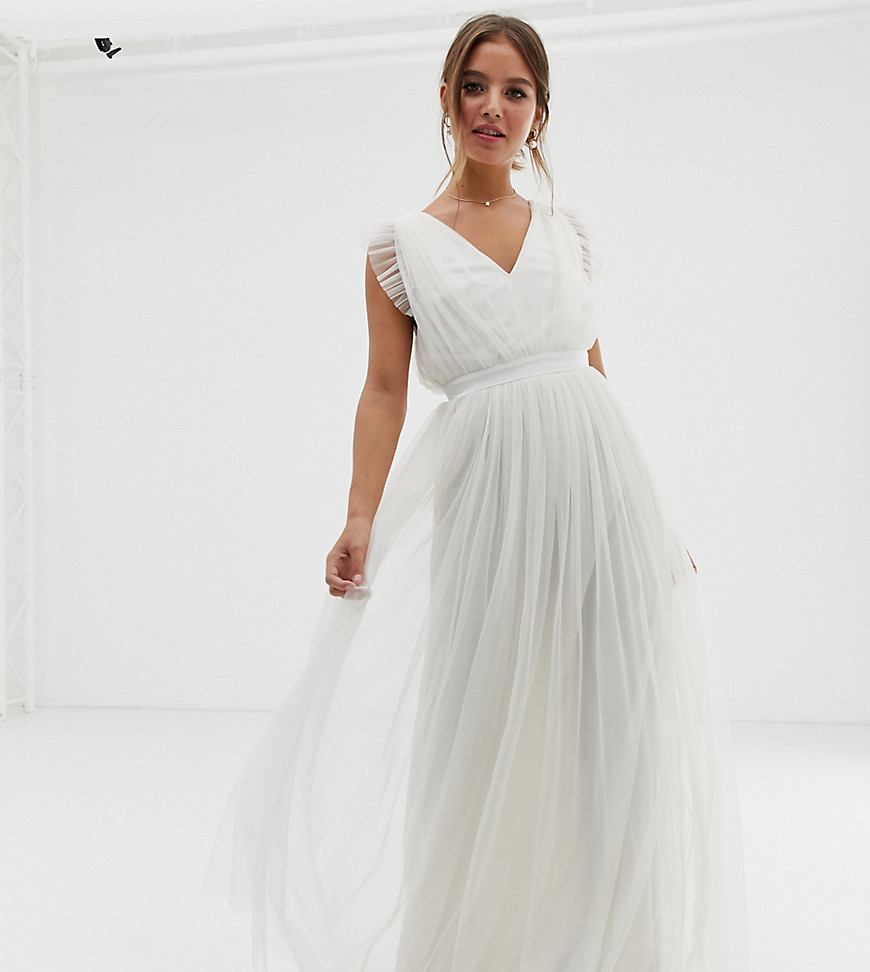 Anaya With Love tulle plunge neck maxi dress with ruffle sleeve and satin trim in white