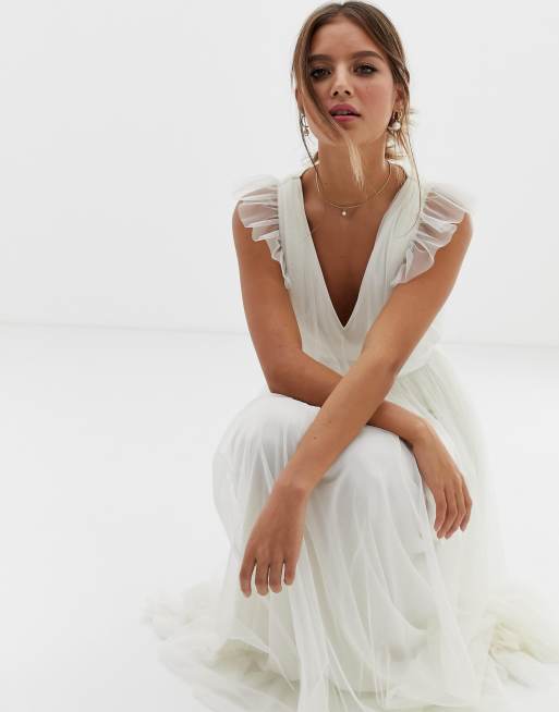 Anaya with love tulle plunge neck maxi dress with ruffle sleeve and satin trim in on sale white