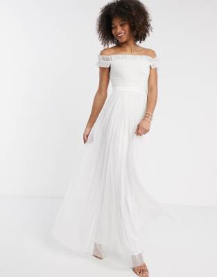 white off the shoulder floor length dress