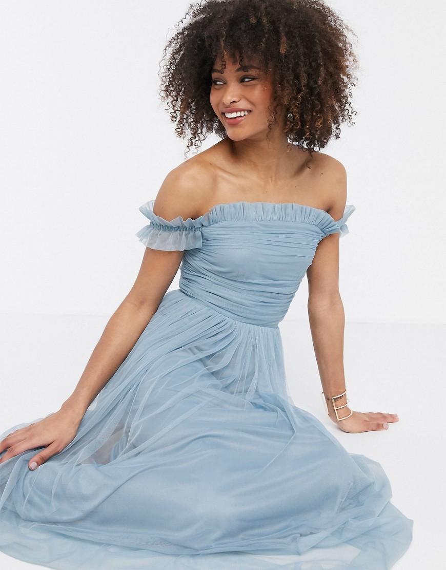 Anaya With Love tulle ruffle off shoulder tulle midaxi dress in blue