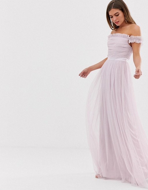 Anaya With Love tulle ruffle shoulder bardot maxi dress with satin trim in soft pink