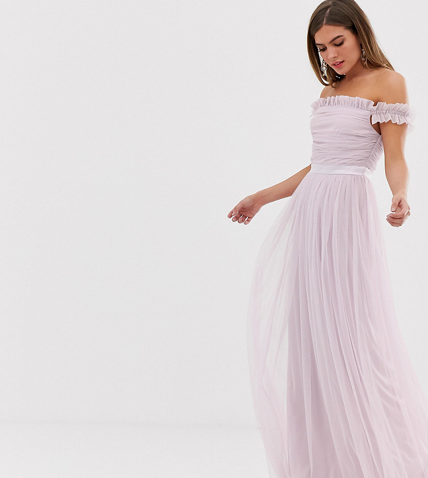 Anaya With Love tulle ruffle shoulder bardot maxi dress with satin trim in soft pink-Green