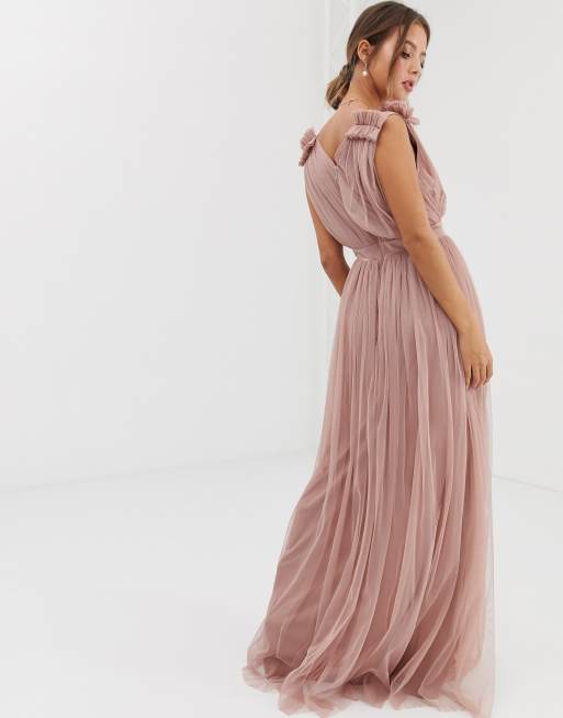 Anaya With Love tulle v neck maxi dress with ruffle shoulder and satin trim in blush