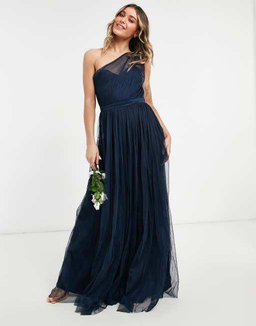 Anaya With Love - Vestito lungo per damigella monospalla in tulle, colore blu navy