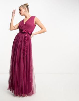wrap front maxi tulle dress in red plum