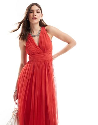 wrap front open back midaxi dress in red