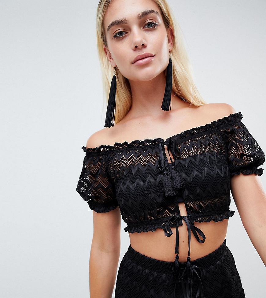 And Co Exclusive zig zag mesh pool party crop top-Black