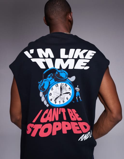 AND1 - Canotta oversize senza maniche nera con stampa sportiva sul retro