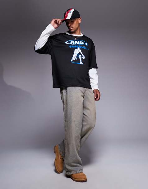AND1 oversized sports jersey with double layer long sleeves in black