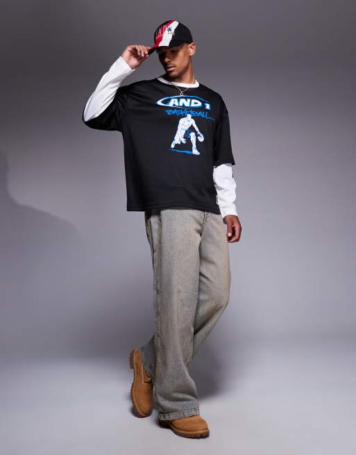 AND1 – Czarny dżersejowy T-shirt sportowy oversize z długimi dwuwarstwowymi rękawami