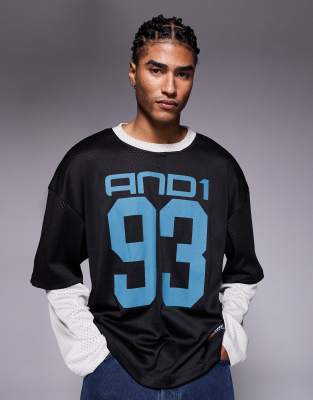 AND1 AND1 double sleeve layered mesh jersey top in black multi