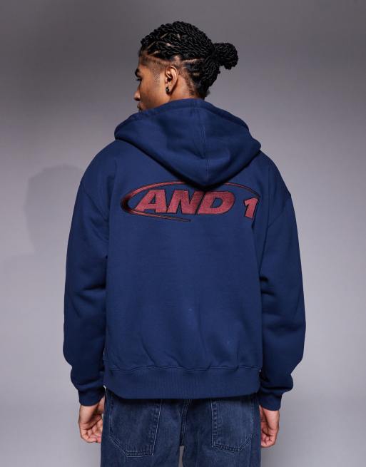 And1 – Kapuzenjacke in Marineblau mit durchgehendem Reißverschluss, 3 von 5