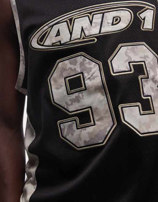 AND1 logo airtex vest co-ord with contrast camo panels in black, 3 of 5