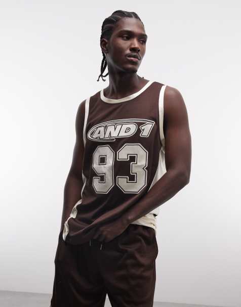 AND1 logo airtex vest co-ord with contrast panels in chocolate brown - view 1