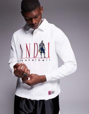 AND1 AND1 long sleeve polo with logo sports detail in cream-White