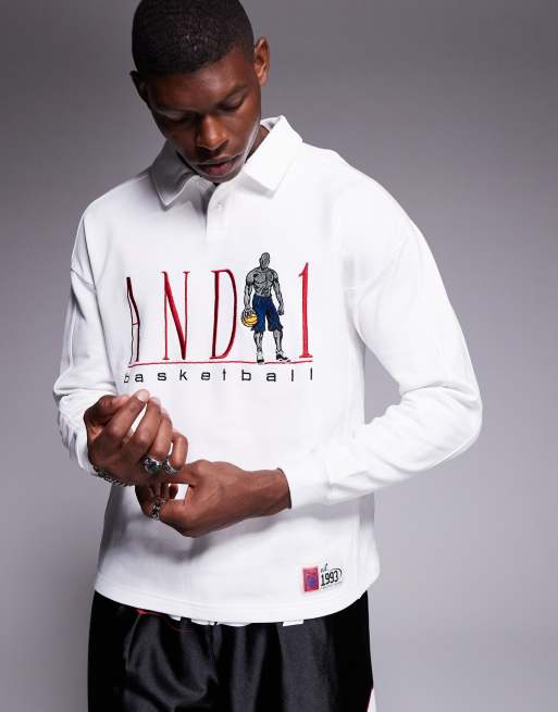 AND1 - Polo a maniche lunghe color crema con logo sportivo
