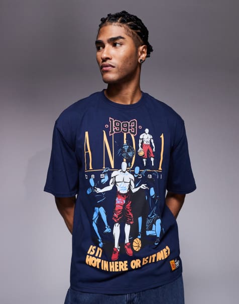 AND1 - T-shirt met retroprint in marineblauw - view 1