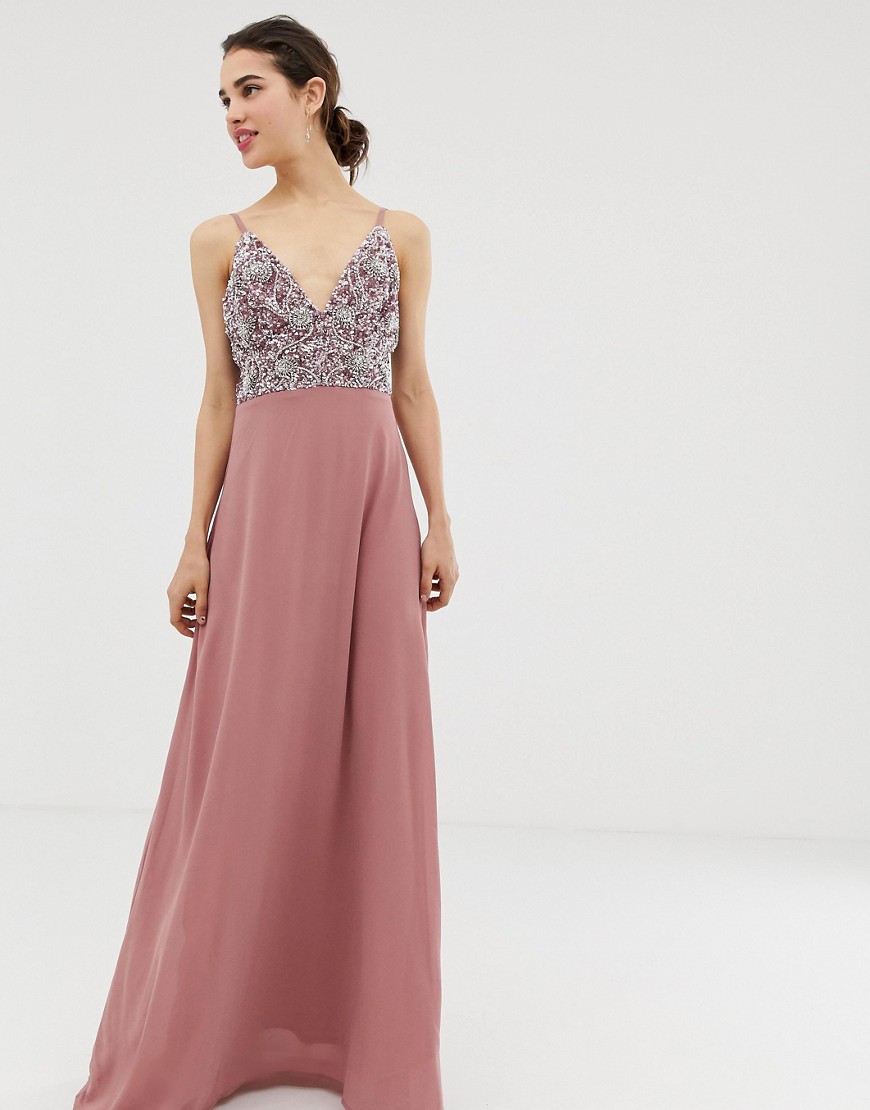 AngelEye cami strap maxi dress with pleated skirt and embellished upper-Pink
