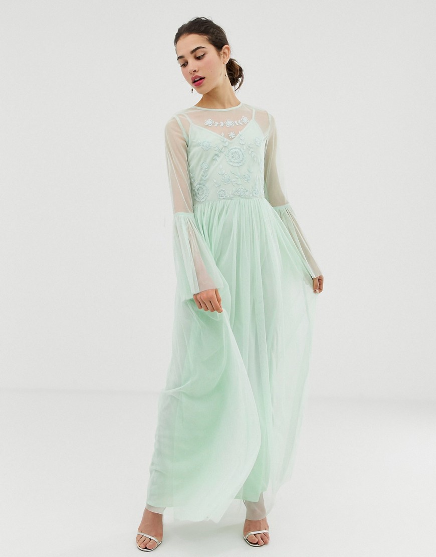 AngelEye - Geplooide lange jurk met uitlopende mouwen en versiering-Groen