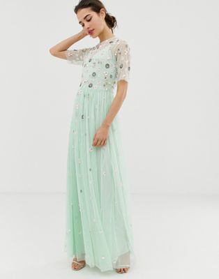 AngelEye - Lange jurk met korte mouwen en versiering-Groen
