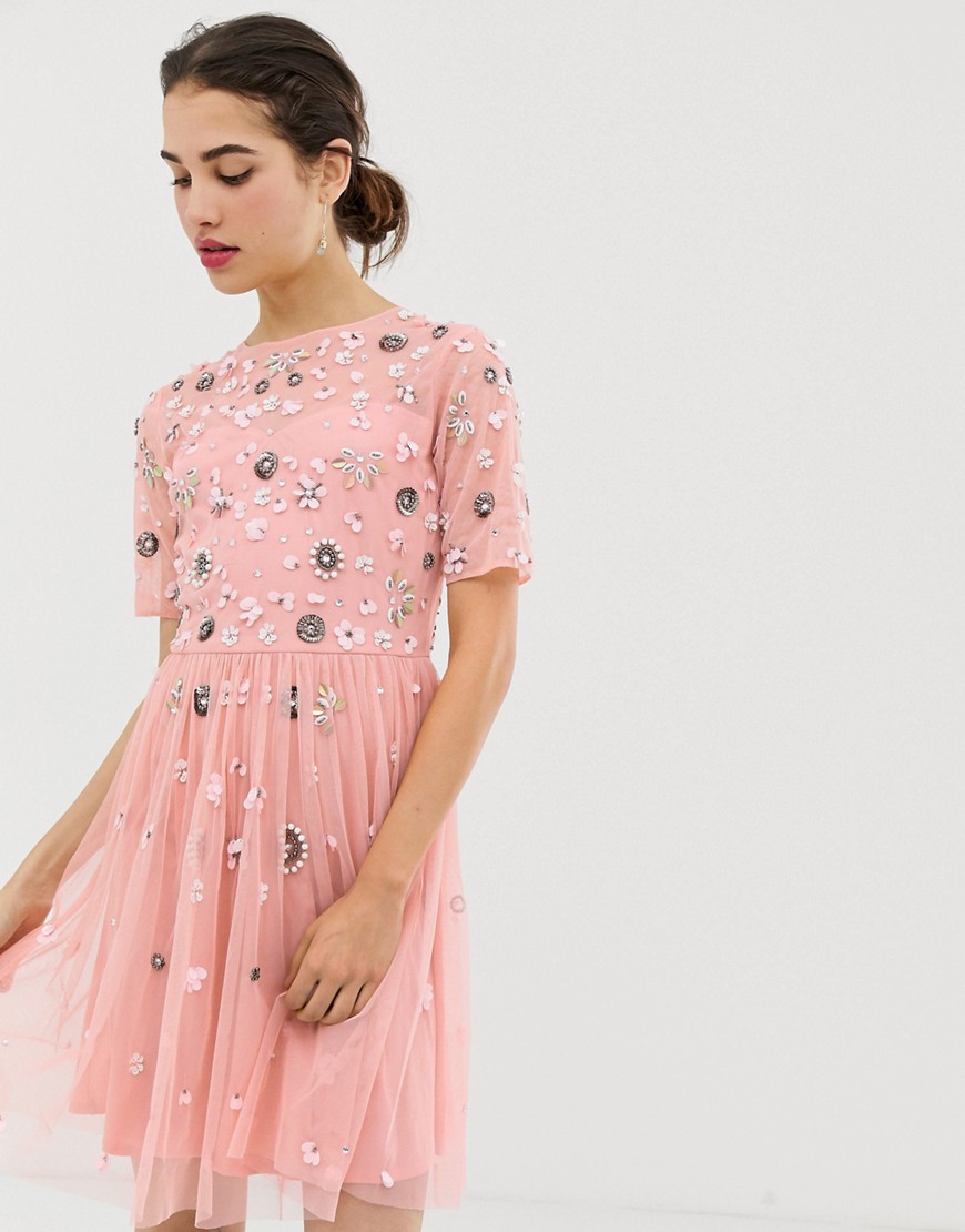 AngelEye short sleeve mini skater dress with embellished detail-Pink