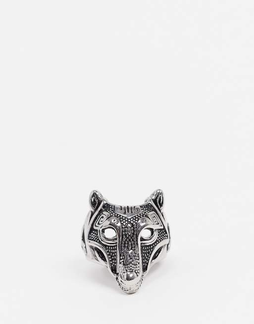 Anillo de acero inoxidable con diseño de tatuaje de lobo en tono plateado de ASOS DESIGN