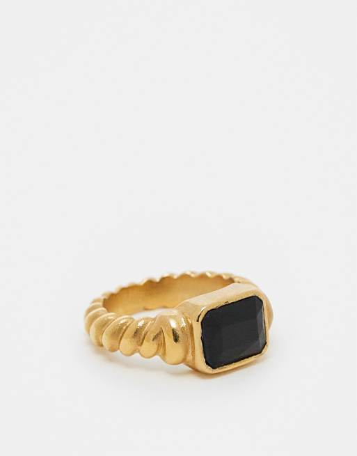 Anillo de banda dorado fino con piedra negra de acero inoxidable resistente al agua de ASOS DESIGN