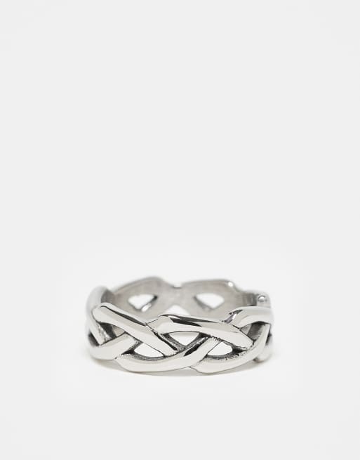 Anillo de banda plateado con diseño de espino trenzado de acero inoxidable resistente al agua de ASOS DESIGN  