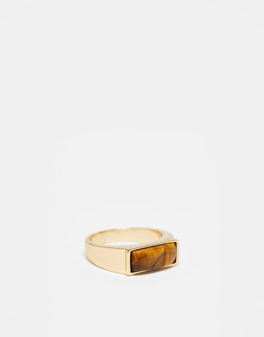 Anillo de meñique dorado tipo sello con piedra de ojo de tigre de ASOS DESIGN