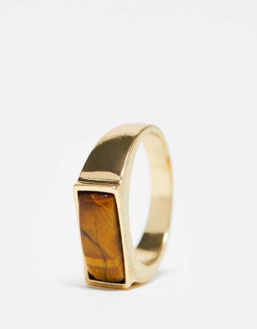 Anillo de meñique dorado tipo sello con piedra de ojo de tigre de ASOS DESIGN, 3 de 4