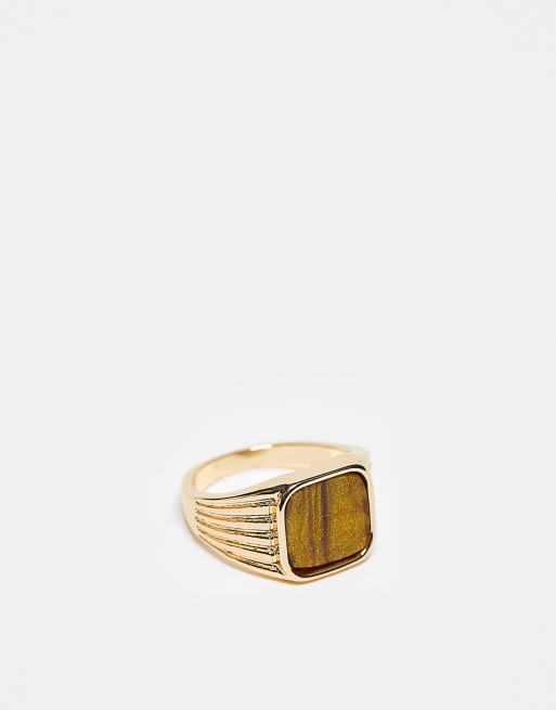 Anillo de meñique dorado tipo sello con piedra de ojo de tigre sintética de ASOS DESIGN 
