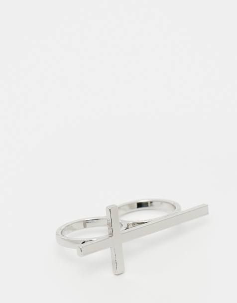 Anillo doble plateado unisex con diseño de cruz de Reclaimed Vintage - view 1
