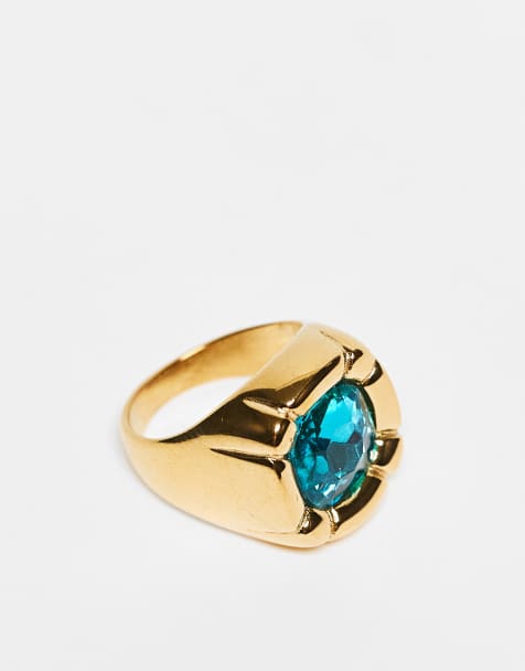 Anillo dorado con diseño abombado y piedra azul de acero inoxidable exclusivo de Kaiia - view 1