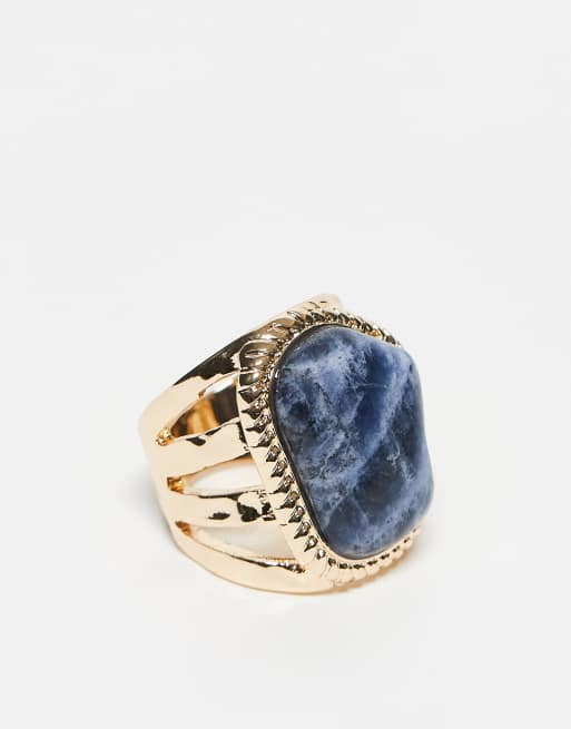 Anillo dorado con diseño efecto fundido con piedra semipreciosa de lapislázuli auténtica de ASOS DESIGN