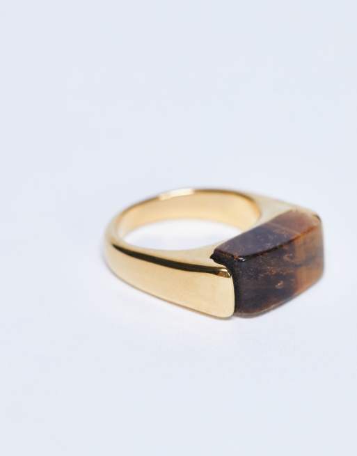 Anillo dorado de acero inoxidable con piedra azul Raquel de Topshop, 3 de 4