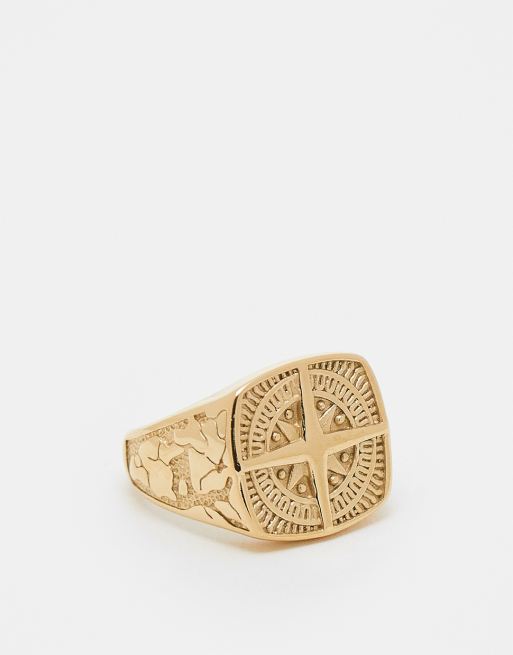 Anillo dorado tipo sello con diseño de brújula de acero inoxidable resistente al agua de ASOS DESIGN