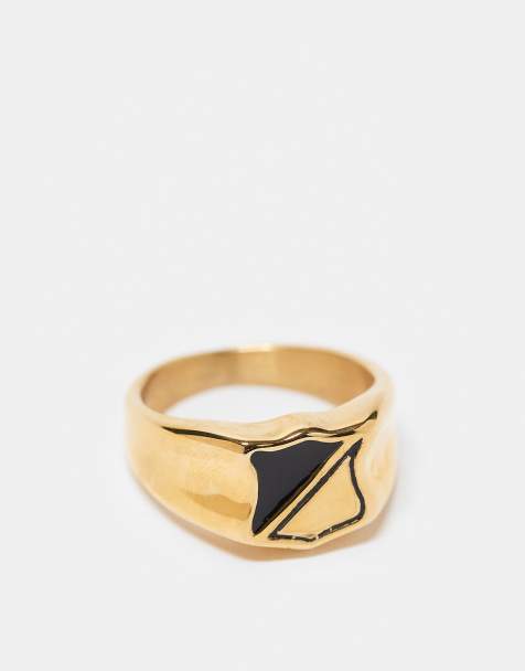 Anillo dorado tipo sello con esmalte negro de acero inoxidable resistente al agua de ASOS DESIGN - view 1