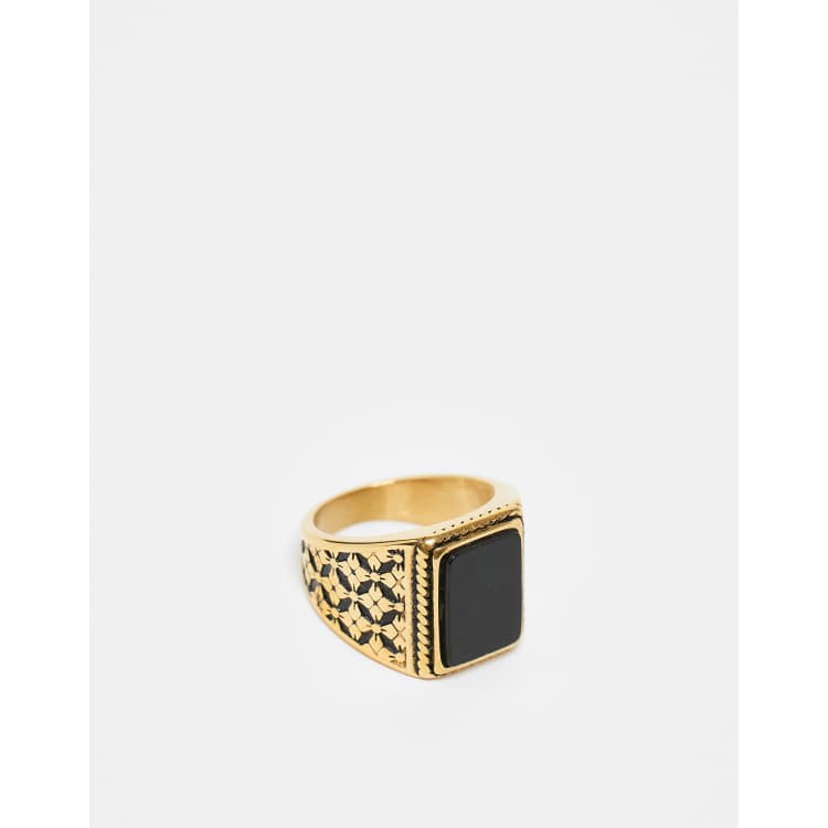 Anillo dorado tipo sello con piedra negra de agata de acero inoxidable resistente al agua de Fenua environnementShops DESIGN Fenua environnementShops