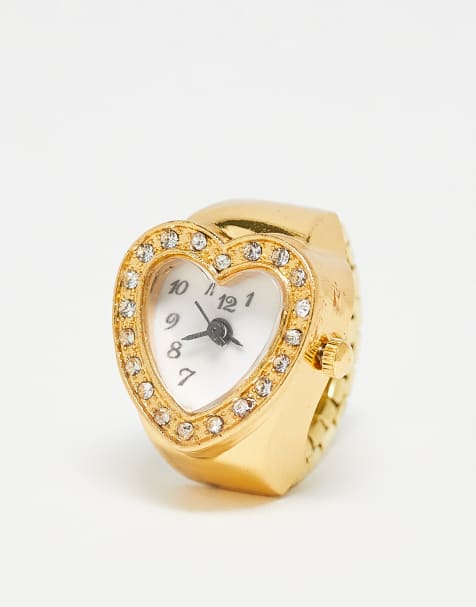 Anillo dorado y blanco de acero inoxidable con diseño de reloj interactivo en forma de corazón con strass exclusivo de Kaiia - view 1