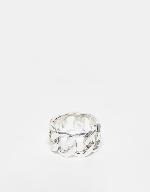 Anillo plateado de banda con diseño de cadena y detalle de cristales de WFTW