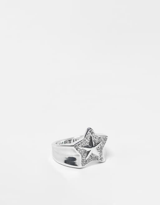 Anillo plateado estilo sello con diseño de estrella de estilo pop punk con cristales de WFTW