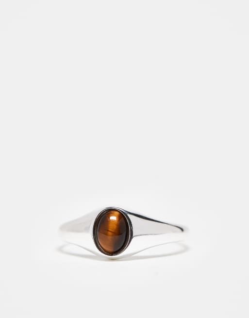 Anillo plateado estilo sello de plata de ley con ojo de tigre semipreciosa de ASOS DESIGN , 3 de 3