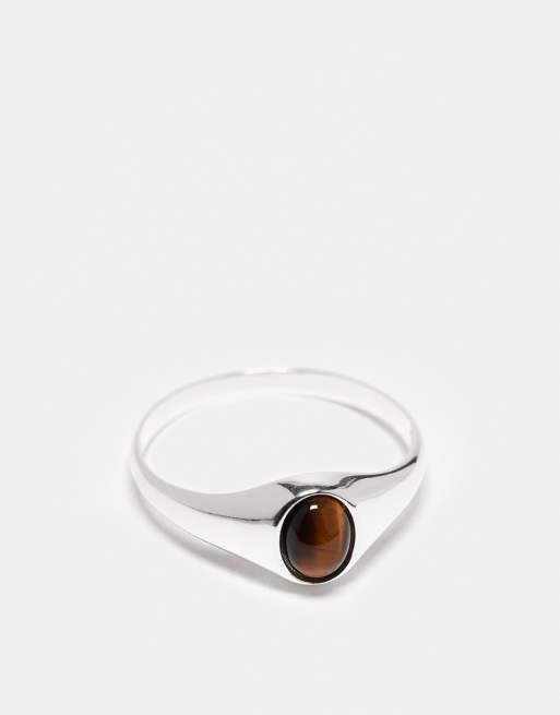 Anillo plateado estilo sello de plata de ley con piedra de ojo de tigre de ASOS DESIGN