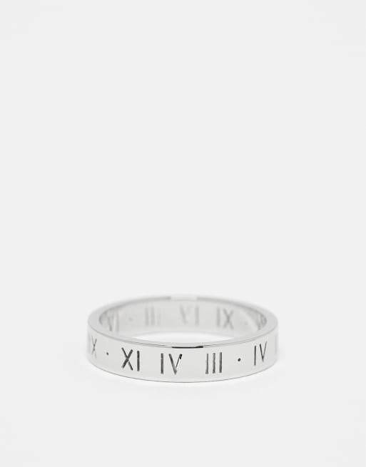 Anillo plateado fino con diseño de números romanos de acero inoxidable resistente al agua de ASOS DESIGN