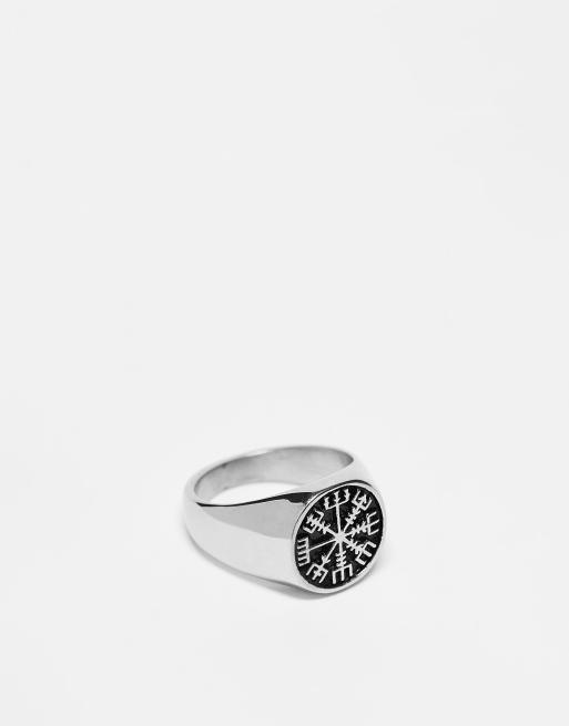 Anillo plateado pulido tipo sello con detalle de brújula antigua de acero inoxidable resistente al agua de ASOS DESIGN