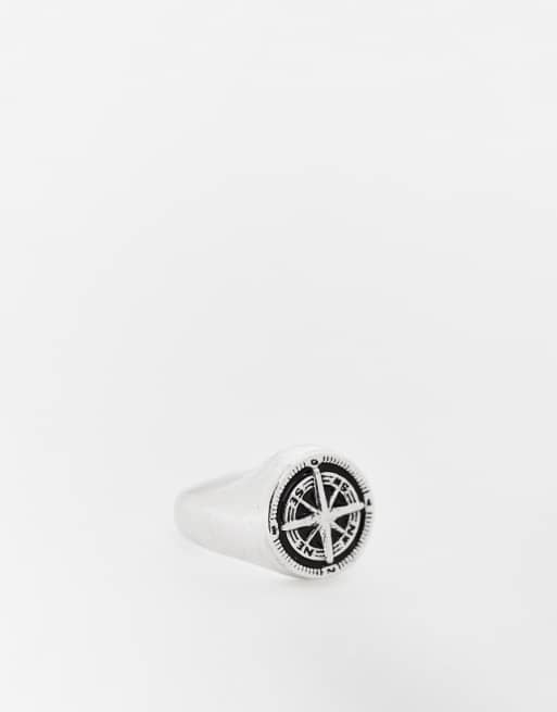 Anillo plateado pulido tipo sello con diseño de brújula de ASOS DESIGN
