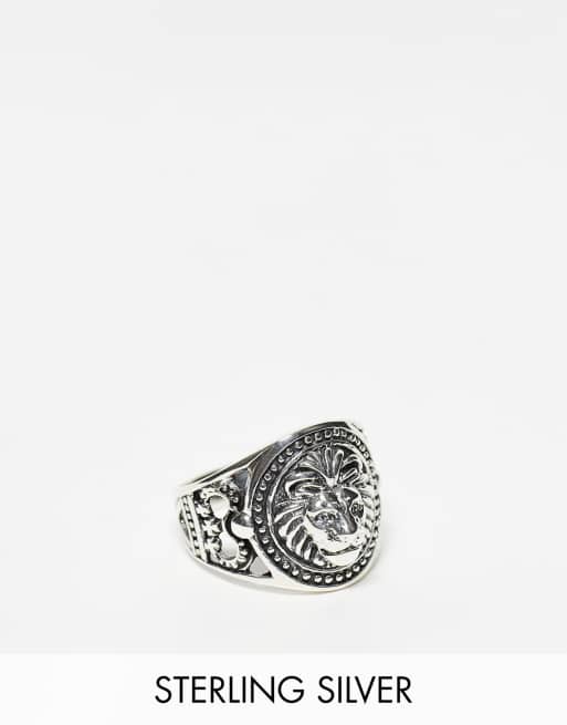 Anillo plateado pulido tipo sello con diseño de cabeza de león de plata de ley de ASOS DESIGN