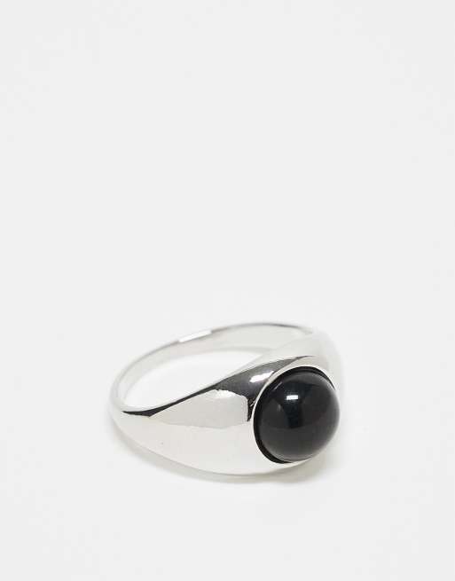 Anillo plateado tipo sello con ágata negra de ASOS DESIGN