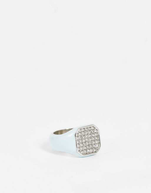 Anillo plateado tipo sello con diseño esmaltado e incrustaciones de cristal de ASOS DESIGN