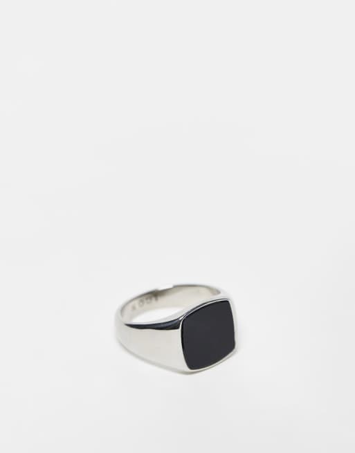 Anillo plateado tipo sello con ónice rectangular de acero inoxidable de Icon Brand